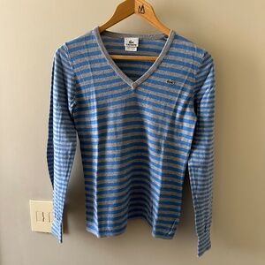 Lacoste V-Neck Cashmere / Cotton Blend Gray White Striped Long Sleeve Sweater